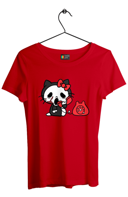 Футболка женская с принтом Хелло Китти Хэллоуин. Halloween, hello kitty, бренд, кот, котенок, персонаж, хелло китти, хэллоуин. 2070702