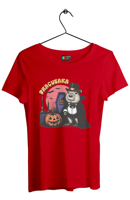 Футболка женская с принтом Капибара Хэллоуин. Capybara, halloween, вампир, водосвинка, грызун, животное, капибара, праздник, тыква, хэллоуин. 2070702