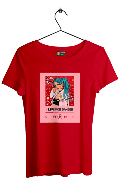 Футболка жіноча з принтом "I Live For Danger". Аніме, музика, пістолет, програвач. 2070702