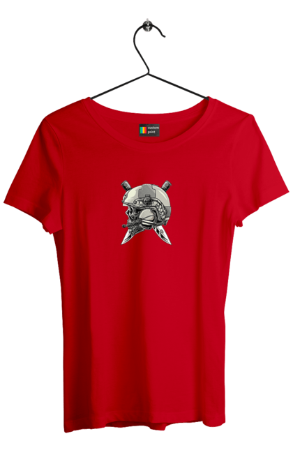 Футболка жіноча з принтом "Череп пілота". Військовий, захисник, ніж, пілот, череп, шолом. 2070702