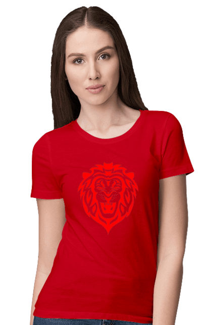 Футболка жіноча з принтом "Лев". Великий кіт, голова, дика природа, звір, знак зодіаку, зодіак, лев, м`ясоїдний, морда, природа, стилізація, стилізований, стиль, тварина, хижак. ART принт на футболках