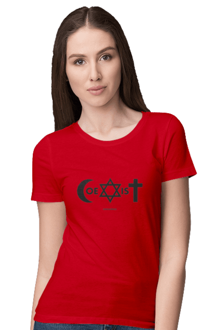 Футболка жіноча з принтом "Coexist". Coexist, іслам, іудаїзм, міжрелігійний діалог, релігія, рівність, символи віри, толерантність, християнство. 2070702