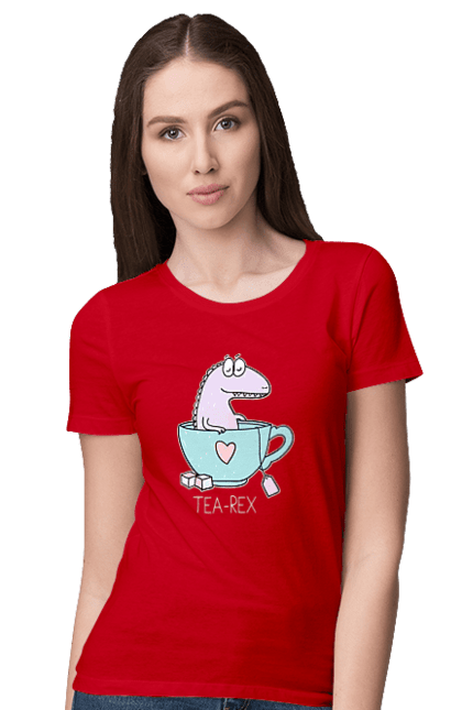 Футболка жіноча з принтом "Динозавр прінмаем в чашці чай". Динозавр, релакс, чай, чашка. futbolka.stylus.ua