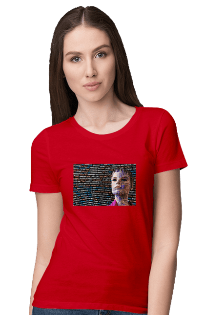 Футболка жіноча з принтом "Штучний Розум". Айті, айтішник, гик, жінка, знання, інженер, інтелект, кібер, кібернетика, кіборг, код, комп, комп`ютерник, кристал, машинне навчання, мікросхема, мозок, портрет, програміст, професіонал, професія, розробник, розум, світиться, світло, хакер, чіп, штучний інтелект, штучний розум. 2070702