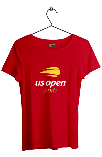 Women`s t-shirt with prints US Open pride tennis tournament. American championship, ball, hard, new york, open championship, players, prize fund, racket, sponsor, tennis. 2070702