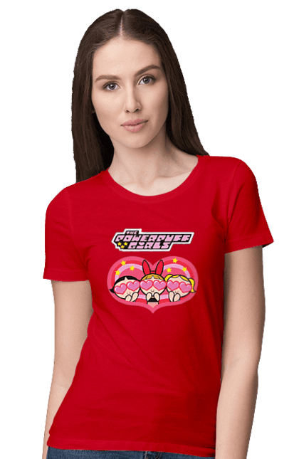 Women's t-shirt with prints Powerpuff Girls. Animated series, blossom, bubbles, buttercup, cartoon network, cool girls, heart, powerpuff girls. 2070702