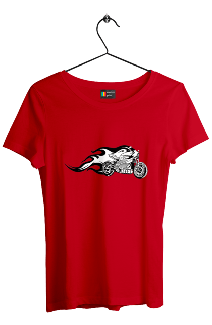 Футболка жіноча з принтом "Мотоцикл Вогонь". Мото, мотоцикл, огонь. 2070702