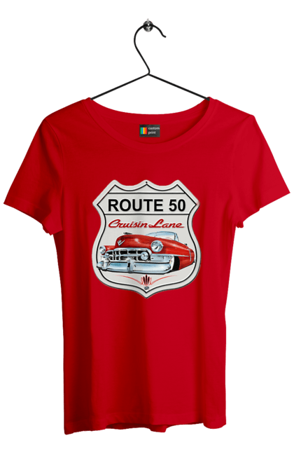 Women`s t-shirt with prints Route 50. Bike, biker, biker club, bikers club, brother, brutal, dude, hot asphalt, hot horse, hot rod, motorcycle, motorcyclist, real man, road 50, road 66, road 80, roads of america, roads of ukraine, roads we choose, speed, take, thirst for speed. 2070702
