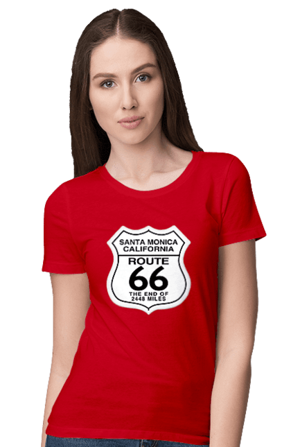 Women`s t-shirt with prints Route 66. Bike, biker, biker club, bikers club, brother, brutal, dude, hot asphalt, hot horse, hot rod, motorcycle, motorcyclist, real man, road 50, road 66, road 80, roads of america, roads of ukraine, roads we choose, speed, take, thirst for speed. 2070702