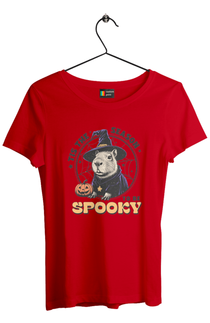 Футболка женская с принтом Капибара Хэллоуин. Capybara, halloween, ведьма, водосвинка, грызун, животное, капибара, праздник, тыква, хэллоуин. 2070702