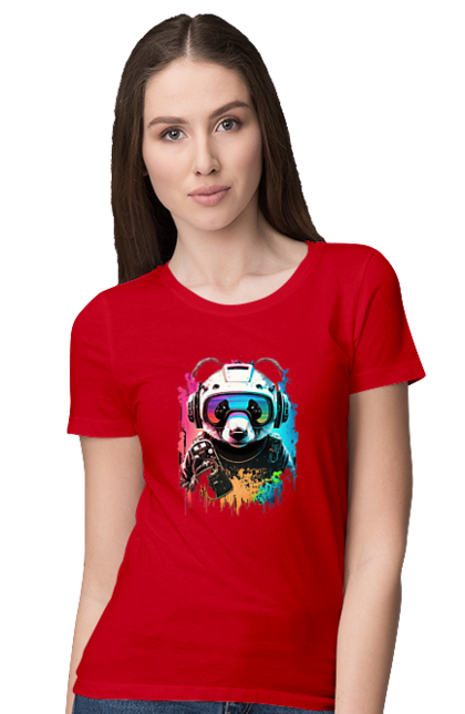 Women`s t-shirt with prints Panda in VR Helmet. Character, geek, helmet, panda, virtual reality. 2070702