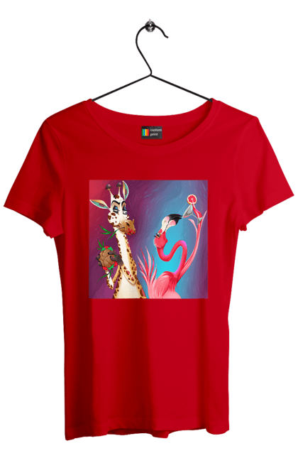Women`s t-shirt with prints Giraffe And Flamingo At The Party. Cocktail, flamingo, food, giraffe. 2070702