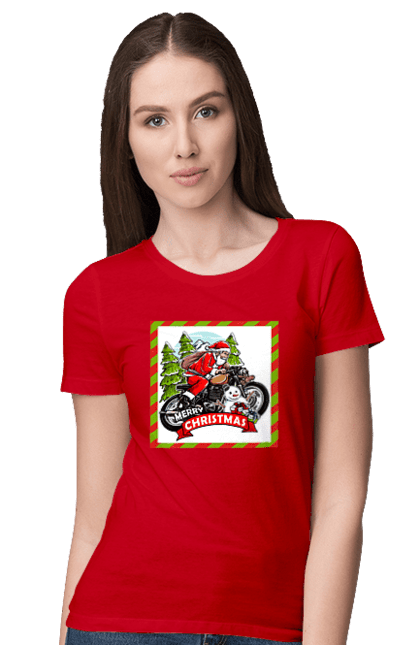 Women`s t-shirt with prints Santa on a motorcycle. Christmas, motorcycle, new year, presents, santa, snowman, tree. 2070702