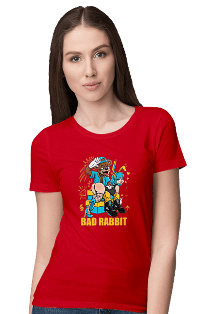 Women`s t-shirt with prints Bad rabbit. Bad bunny, bdsm, bear, cool, funny, rabbit, young woman. 2070702