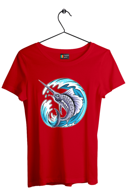 Футболка жіноча з принтом "Риба Меч І Хвиля". Риба меч, хвиля. 2070702