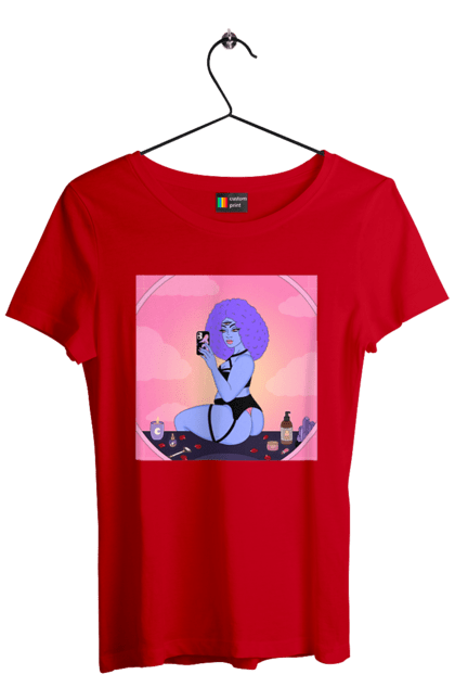 Women`s t-shirt with prints Purple Girl Photo In The Mirror. Mirror, whiteness. 2070702