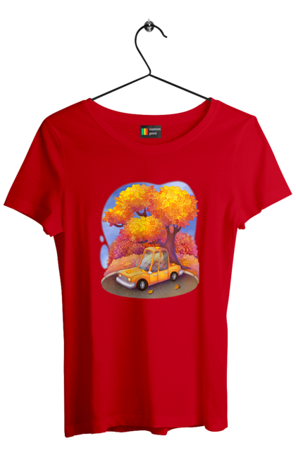 Футболка женская с принтом Осень Машина Дерево. Дерево, желтый милая иллюстрация, машина, оранжевый, осень. 2070702