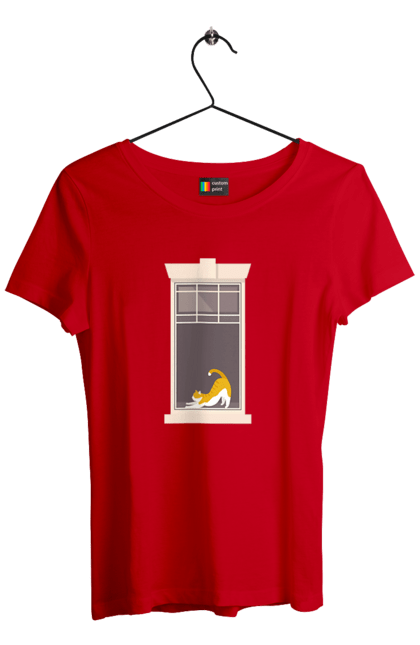Футболка жіноча з принтом "Кіт В Вікні". Вікно, кіт, потягушки, рудий. 2070702