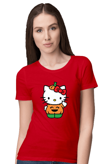 Women's t-shirt with prints Hello Kitty Halloween. Brand, character, halloween, hello kitty, kitten, kitty, pumpkin. 2070702