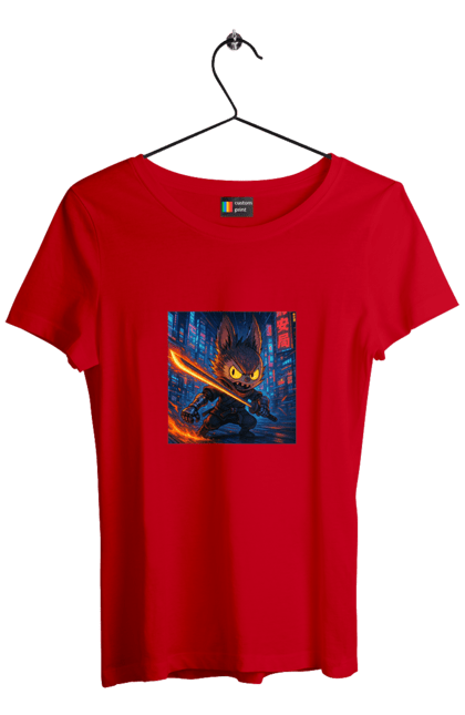 Футболка жіноча з принтом "Лабубу". Аніместиль, дія, катана, кіберніндзя, кіберпанк, лабубу, меч, неонове місто, очі` що світяться. 2070702