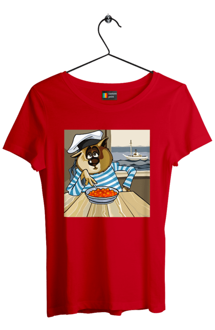 Women`s t-shirt with prints Cat Sailor, On The Ship Eats Red Caviar. Cat, caviar, sailor, ship. 2070702