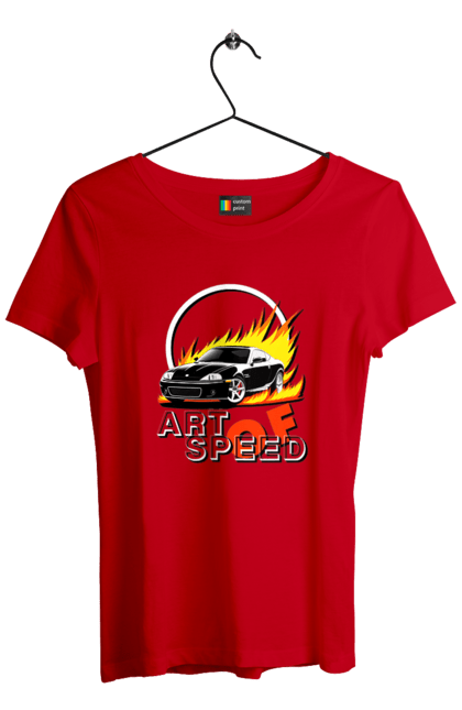 Футболка жіноча з принтом "Автомобіль у вогні". Авто, автомобіль у вогні, гонка, дрейф, спорт, спортивна машина, швидкість. 2070702