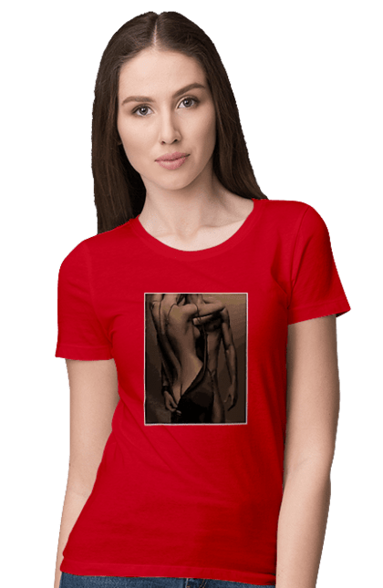 Women`s t-shirt with prints Intrigue. Delight, intrigue, love, man and woman, reciprocity, sex. 2070702