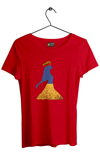 Футболка жіноча з принтом "Україна". Вінок, дівчина, дівчинка, жовтий синій, жовто-блакитне, маки, національні кольори, небо, пшеничне поле. 2070702