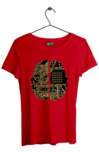 Women`s t-shirt with prints It Brain. Brain, chip, code, comp, computer, crystal, cyber, cybernetics, cyborg, developer, engineer, geek, gold, golden, it, it specialist, knowledge, mind, printed circuit board, profession, professional, programmer. 2070702