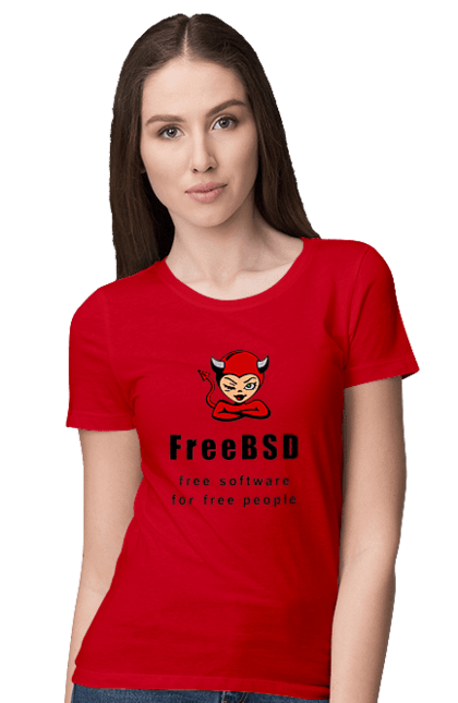 Футболка жіноча з принтом "Freebsd Для Вільних". Bsd, freebsd, unix, адміністратор, айті, айтішник, безкоштовна, безкоштовно, бестія, вільна, демон, демонесса, доступність, незалежність, операційна система, ос, програміст, програмне забезпечення, свобода, сисадмін, система, системний адміністратор, софт, текст, червоний, чорний. 2070702