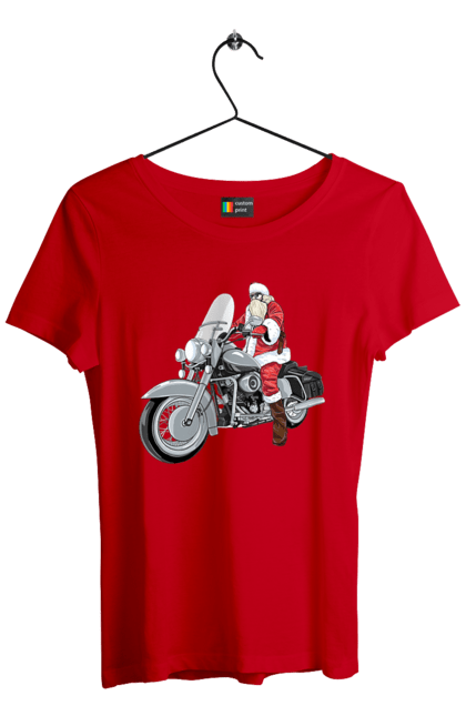 Футболка жіноча з принтом "Санта На Мотоциклі". Мотоцикл, новий рік, санта, свято. 2070702