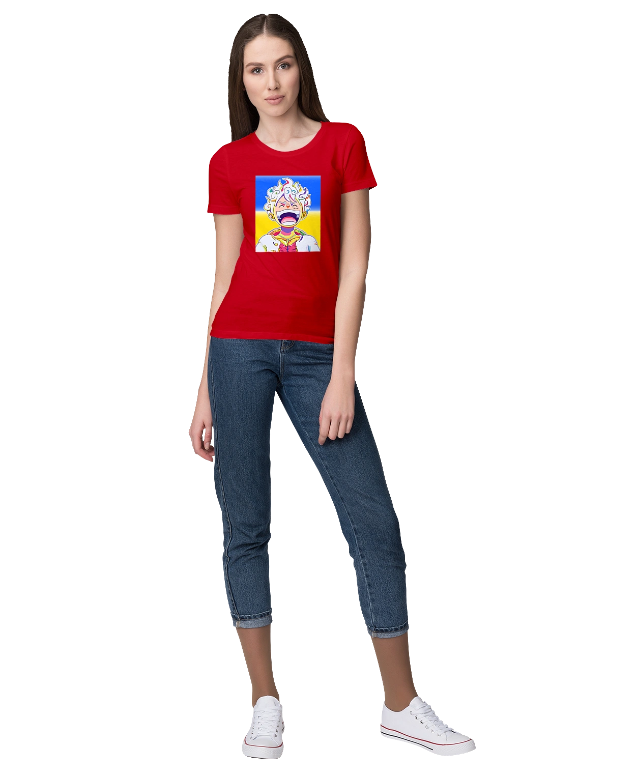 Monkey D Luffy laughing on a yellow blue background