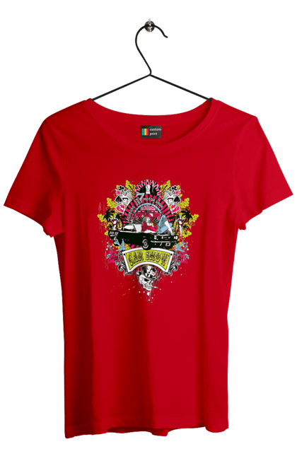 Women`s t-shirt with prints Car Show, Summer. Automobile, cards, money, palm, show. 2070702