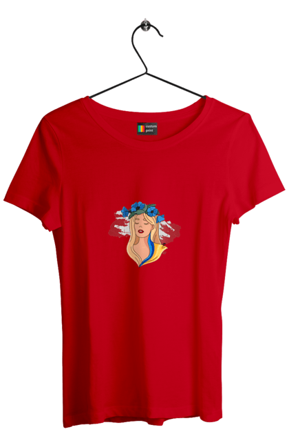 Футболка жіноча з принтом "Дівчина на карті України". Дівчина, дівчина на карті, жовтий, карта україни, квіти, прапор, синій, україна, червоний. 2070702