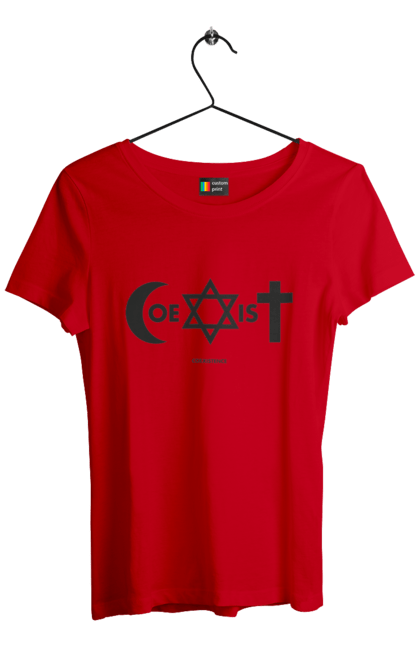 Футболка жіноча з принтом "Coexist". Coexist, іслам, іудаїзм, міжрелігійний діалог, релігія, рівність, символи віри, толерантність, християнство. 2070702