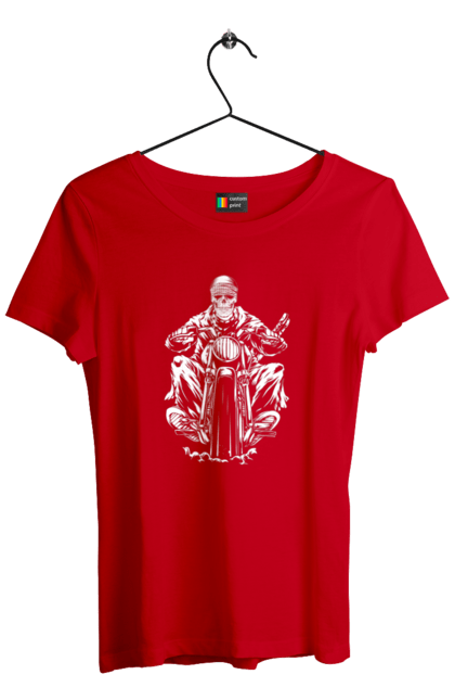 Футболка жіноча з принтом "Череп на мотоциклі". Байкер, мотоцикл, скелет, череп. 2070702