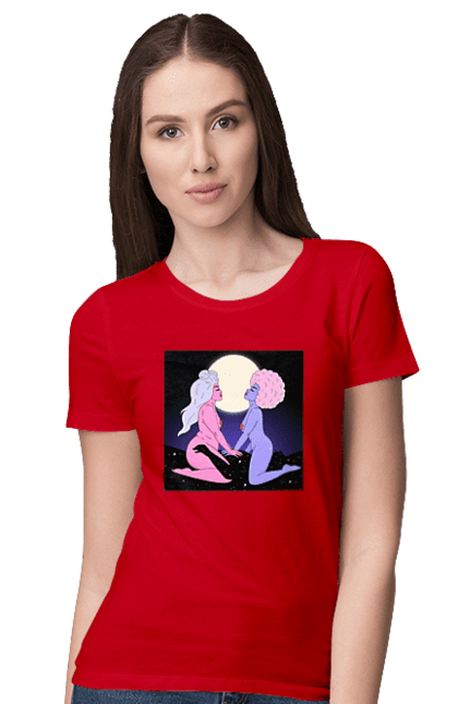 Women`s t-shirt with prints Two Aliens And The Moon. Aliens, from above, girls. 2070702