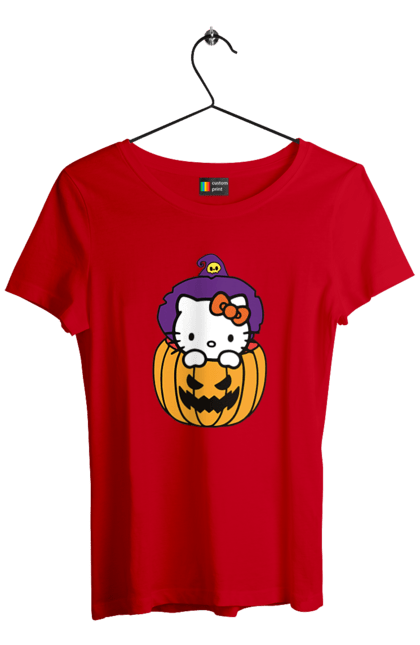 Футболка жіноча з принтом "Хелло Кітті Хелловін". Halloween, hello kitty, witch, бренд, відьма, кіт, кошеня, персонаж, хелло кітті, хелловін. 2070702