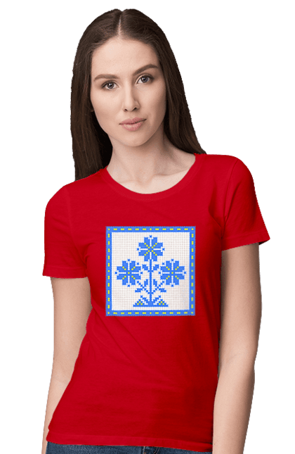 Футболка жіноча з принтом "Жовто блакитна вишивка квіти". Вишивка, вишивка хрестиком, квіти, символ україни, традиції україни, україна. 2070702