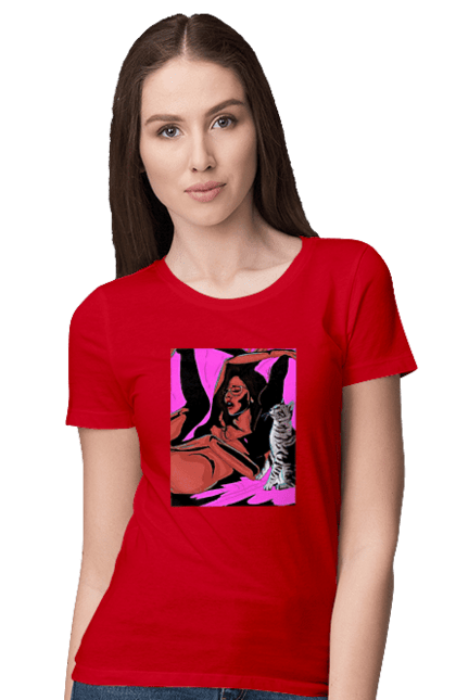 Women`s t-shirt with prints Girl Gets Fun. Cat, naked, passion, satisfaction. 2070702