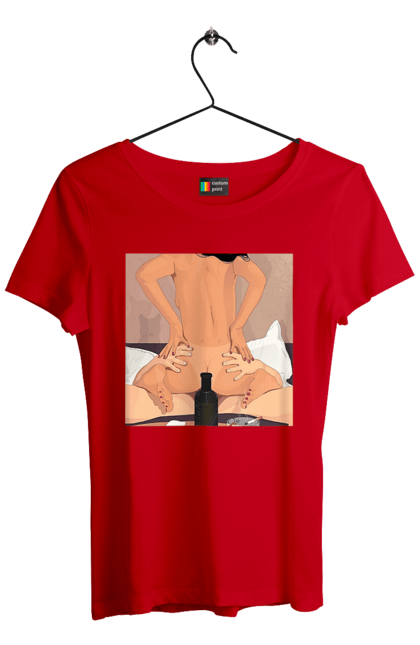 Футболка жіноча з принтом "Гола Дівчина, Пляшка І Сигарети". Гола, зверху. 2070702