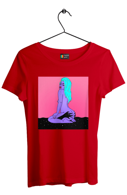 Футболка жіноча з принтом "Фіолетова Дівчина В Руках". Дівчина, інопланетянка, сидить. 2070702