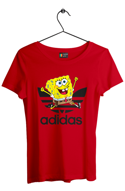 Футболка женская с принтом Adidas Губка Боб. Adidas, spongebob, адидас, баскетбол, губка боб, мультик, мультсериал, мяч, спанч боб, спорт. 2070702