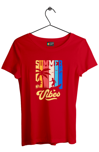 Women`s t-shirt with prints Summer Vibes Beach. Beach, sea, summer, surfing, tropics, vacation. 2070702