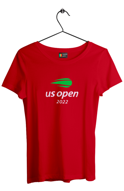 Футболка жіноча з принтом "Тенісний турнір US Open 2022". Великий теніс, відкритий чемпіонат, гравці, м`яч, нью йорк, призовий фонд, ракетка, турнірна сітка, хард, чемпіонат америки. 2070702