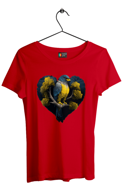 Футболка жіноча з принтом "Синьо жовтий сокіл". Дерево, прапор україни, серце, символ україни, сокіл, україна. 2070702