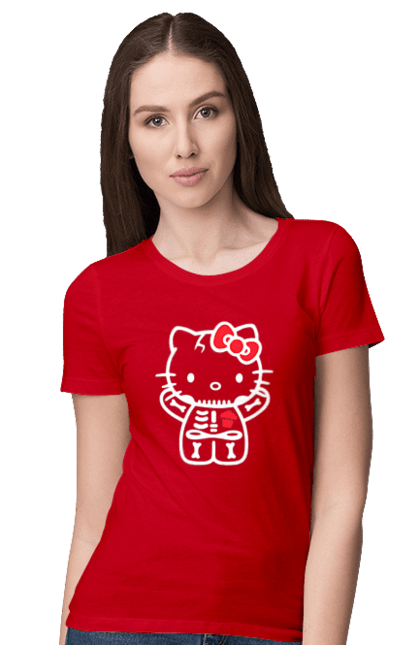 Women's t-shirt with prints Hello Kitty Halloween. Brand, character, halloween, hello kitty, kitten, kitty, skeleton, zombie. 2070702