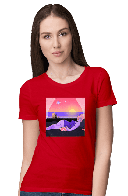 Футболка жіноча з принтом "Фіолетова Дівчина На Відпочинку". Дівчина, захід, телефон. 2070702
