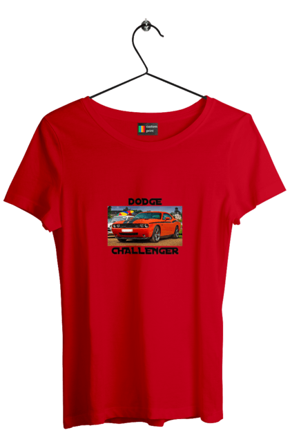 Women`s t-shirt with prints Dodge challenger. Auto, car, classic car, cult car, dodge challenger, oil car, powerful car. 2070702
