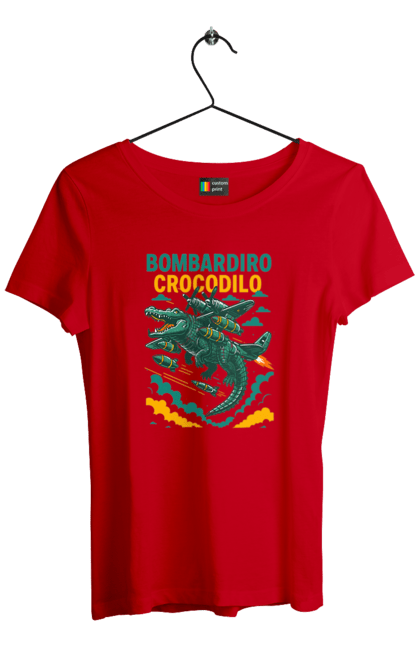 Футболка жіноча з принтом "Bombardino Crocodilo". Bombardino, bombardino crocodilo, crocodilo, бомбардіно крокоділо, крокодил, крокодил літак, крокодил мем, мем, мем бомбардине крокодило. 2070702